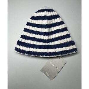 Everlane The Cashmere Beanie Hat OS Adult Navy Bone White Stripe Ribbed